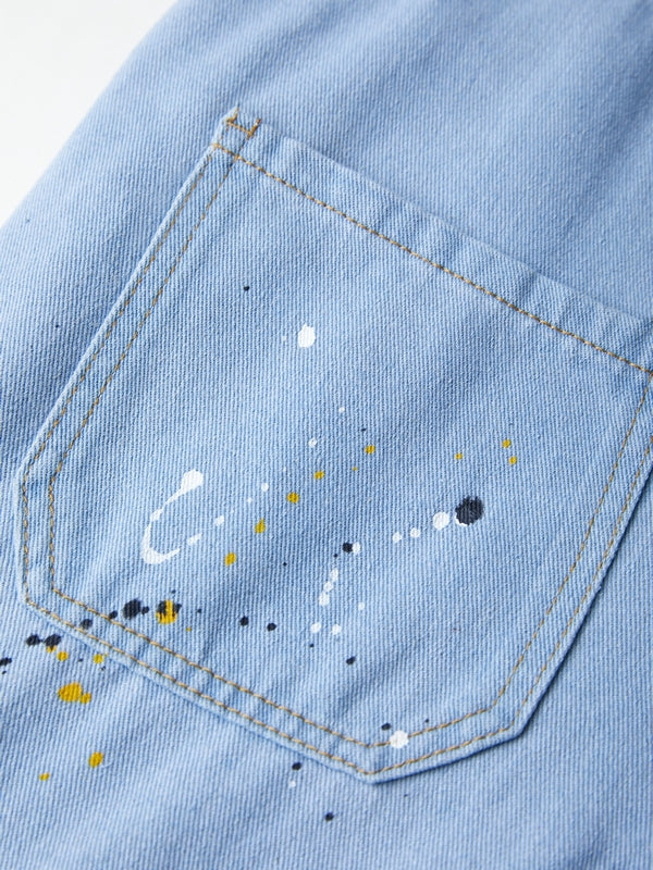 Blauer Vintage Overall mit Großen Taschen und Splash Ink Print