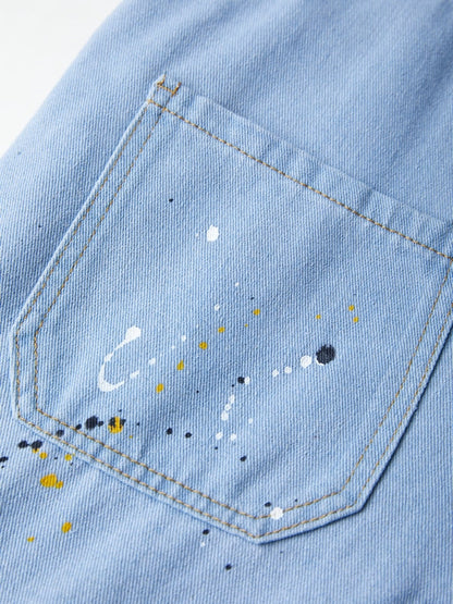 Blauer Vintage Overall mit Großen Taschen und Splash Ink Print