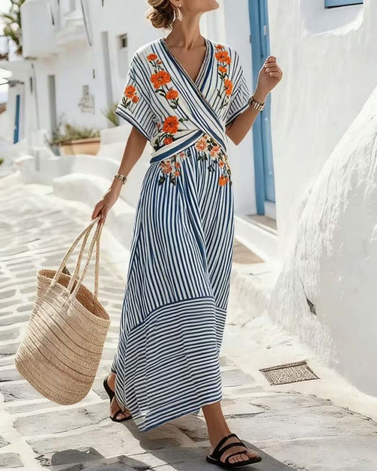 Kleid Gestreift V-Ausschnitt Wickel Maxi