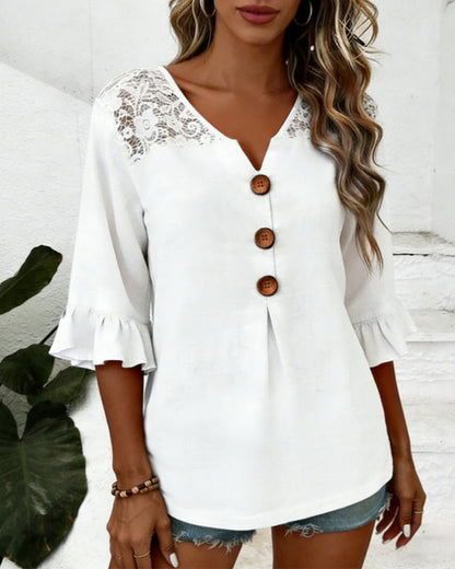 Bluse Rüsche V-Ausschnitt Spitze Patchwork