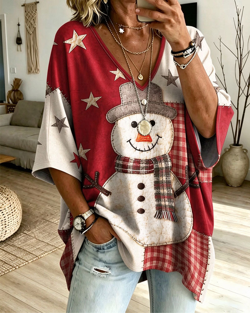 T-Shirt Weihnachten Schneemann Druck V-Ausschnitt Halbarm
