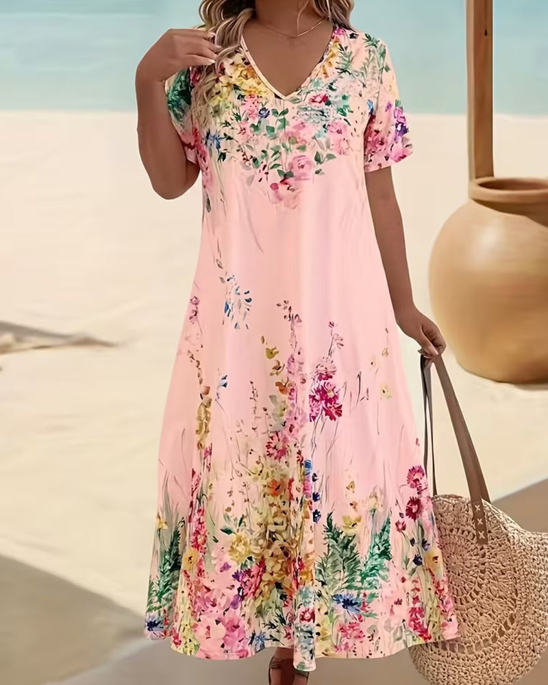Kleid Aquarell Blumen V-Ausschnitt