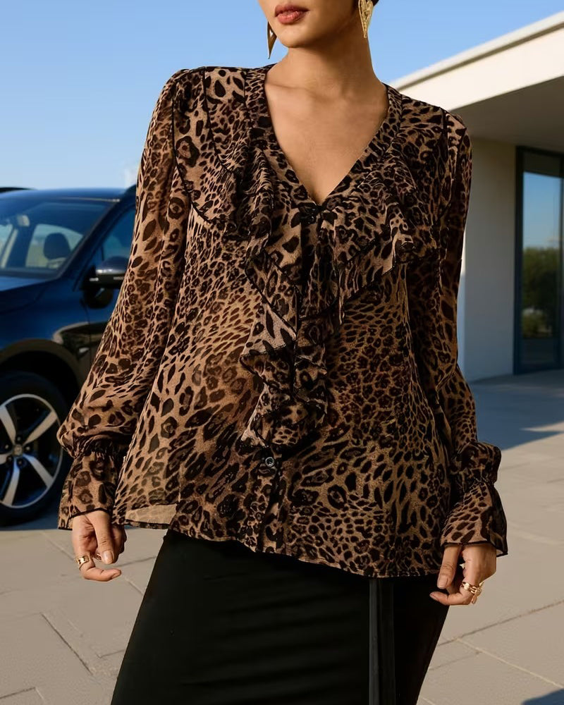 Bluse V-Ausschnitt gerüscht Leopardenprint