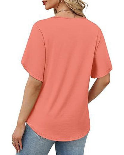 T-Shirt V-Ausschnitt Kleiner Schlitz Kurzarm Einfarbig