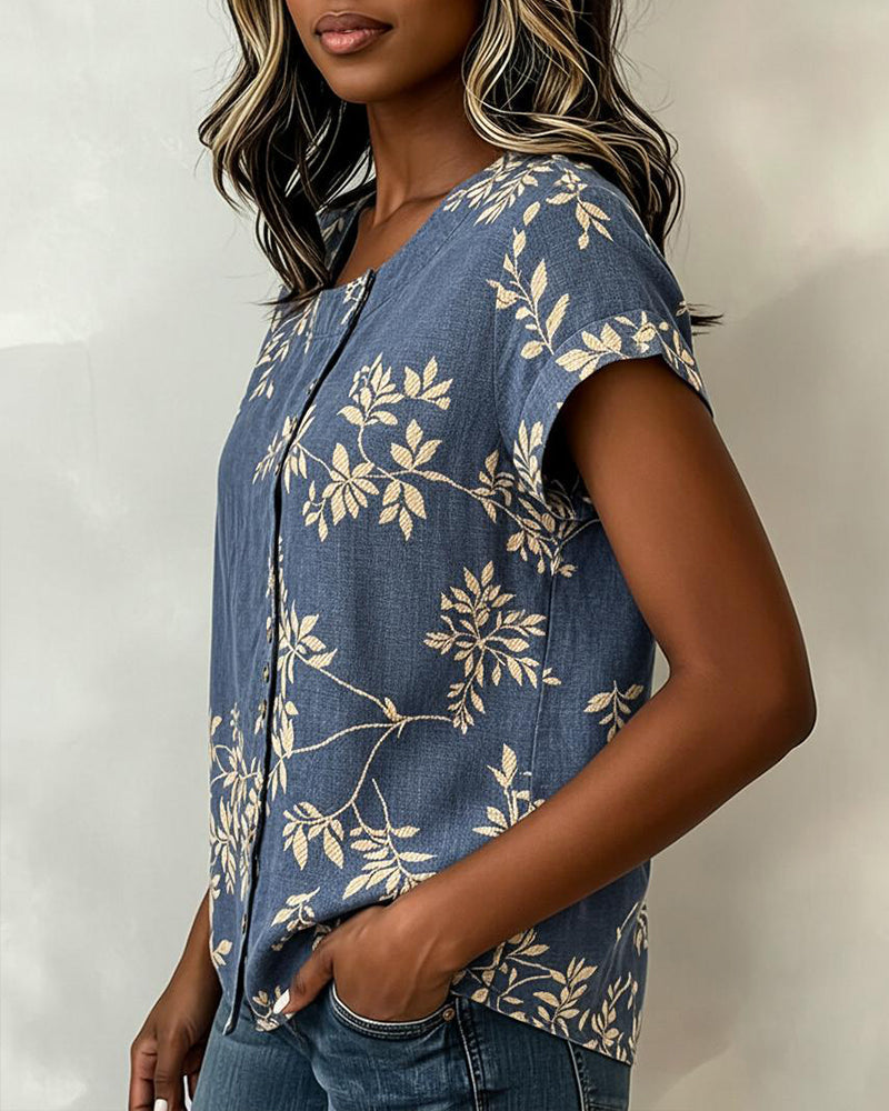 Bluse Blattprint Kurzarm Lässig