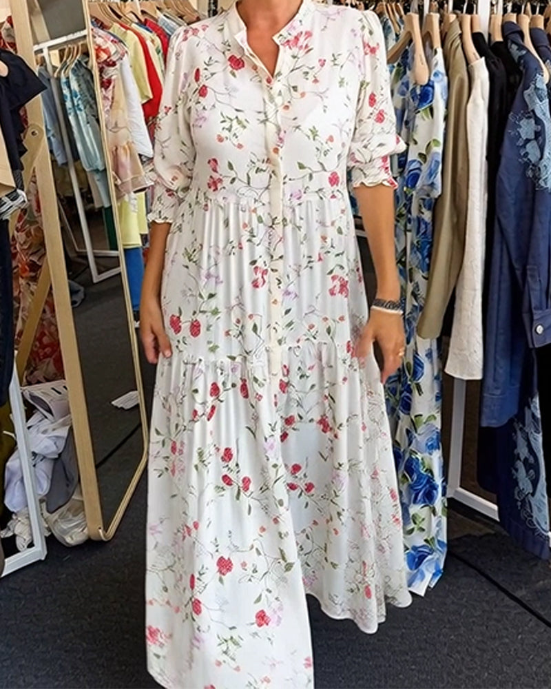 Kleid Stilvoll Blumenmuster Stehkragen