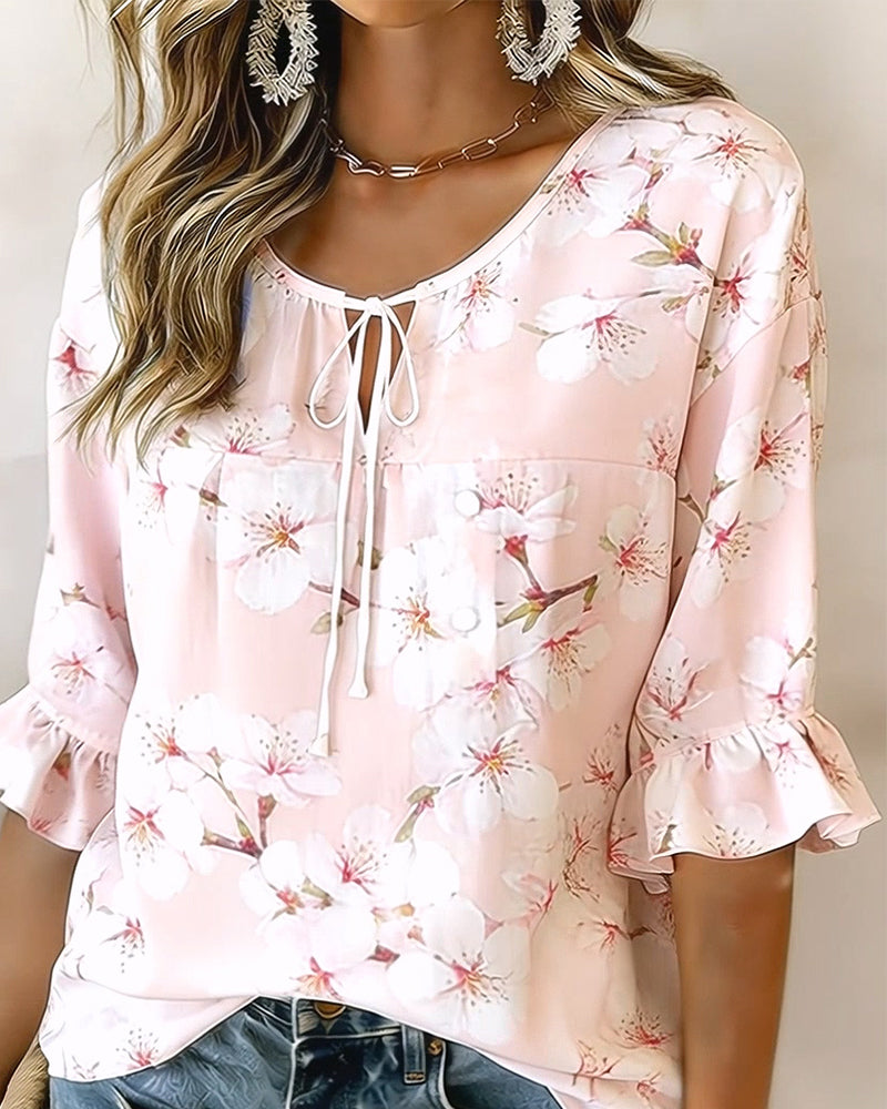 Bluse Kirschblütenprint Krawatte