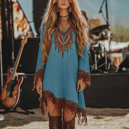 Embroidered Bohemian Mini Dress with Fringe for Women - Patrizia