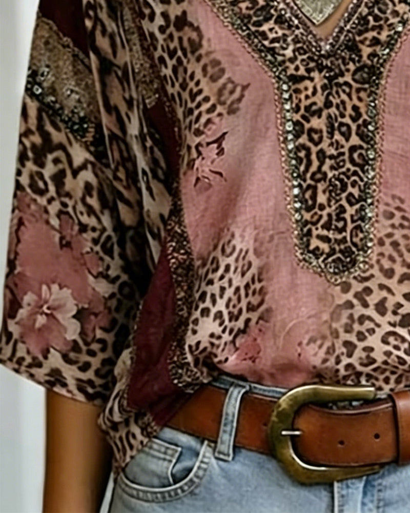 Bluse V-Ausschnitt Laterne Ärmel Leopard