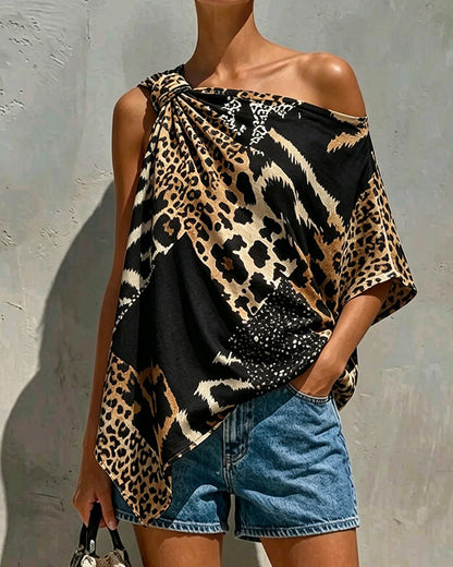 Bluse Leopardenmuster Patchwork Ein-Schulter