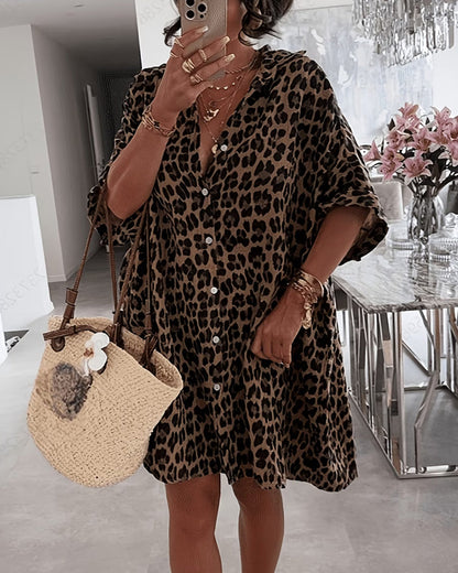 Kleid Revers Leopardenmuster Lockeres Hemd