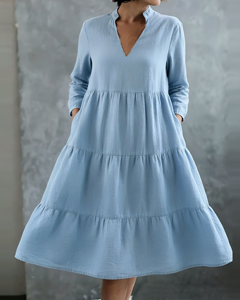 Kleid einfarbig V-Ausschnitt langärmlig