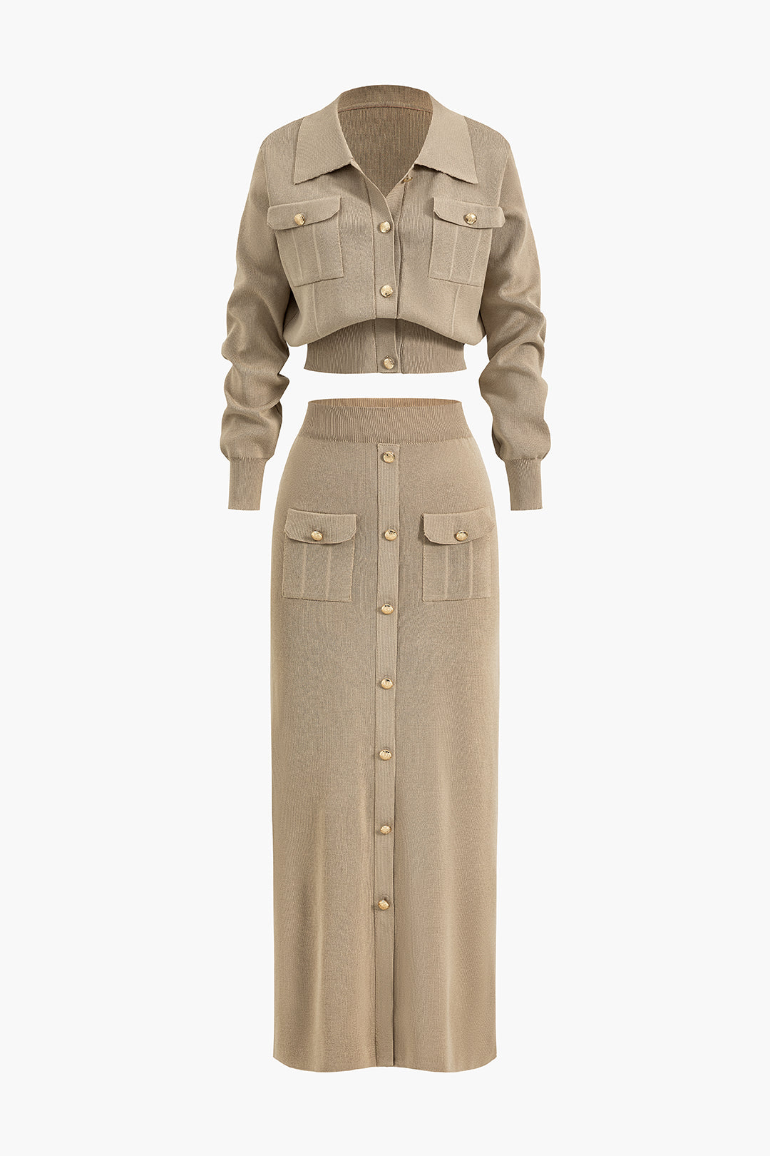 Einfarbiges Vintage Crop Top mit Knopfleiste und Maxirock Set