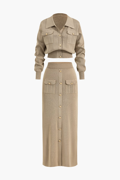 Einfarbiges Vintage Crop Top mit Knopfleiste und Maxirock Set