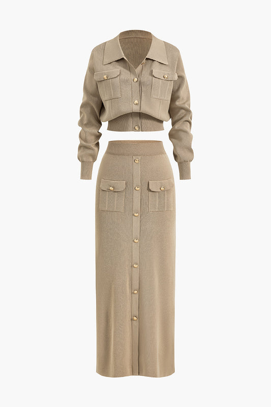 Einfarbiges Vintage Crop Top mit Knopfleiste und Maxirock Set