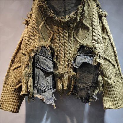 Distressed Knit Sweater with Denim Patchwork for Women - Piera