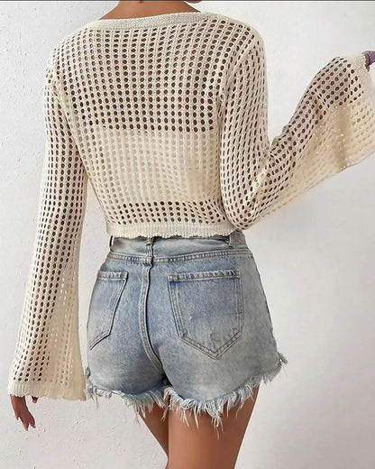 Cardigan Einfach Uni Hohl Aus Strand