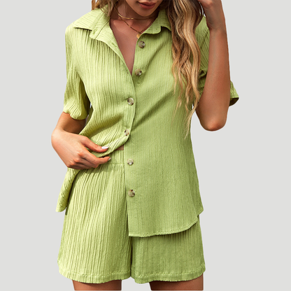 Green Elegant Set with Shirt Blouse and Shorts - Clara