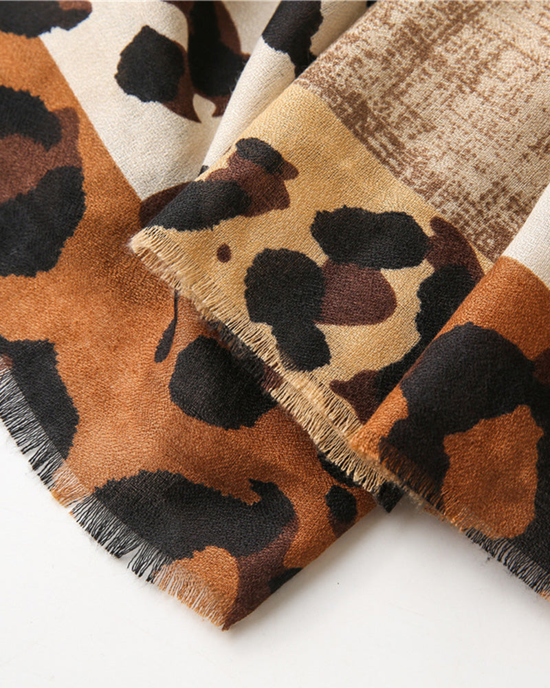 Damen Schal Leopard Patchwork Print Fransen Schal