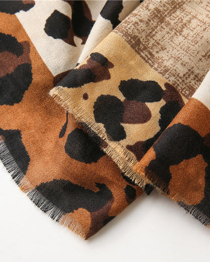Damen Schal Leopard Patchwork Print Fransen Schal