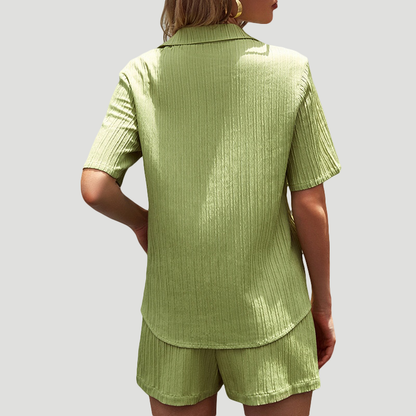 Green Elegant Set with Shirt Blouse and Shorts - Clara