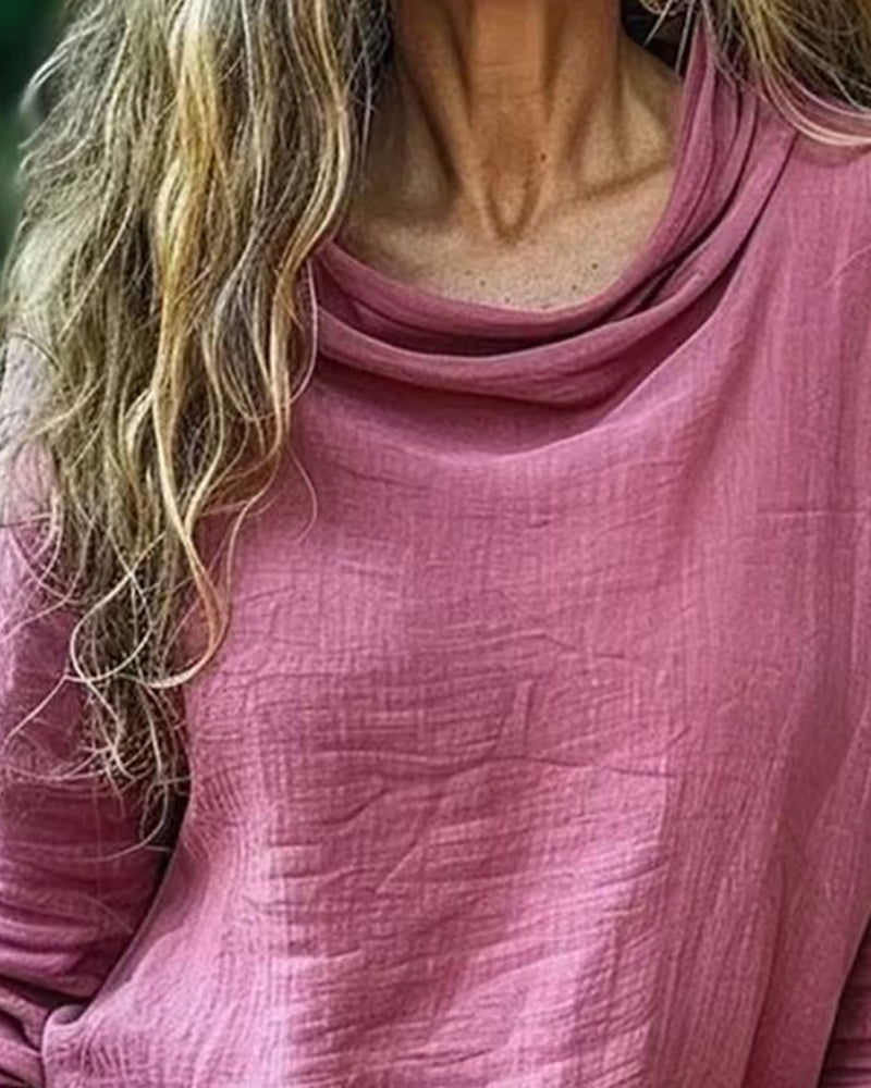 Bluse Drapierter Ausschnitt Lässig Einfarbig Langarm