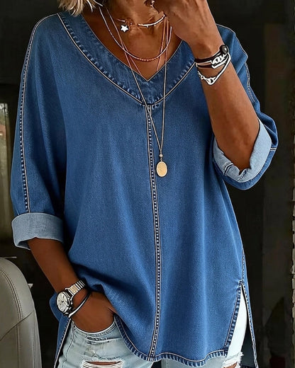 Bluse V-Ausschnitt Locker Denim
