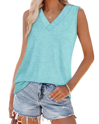 Tanktop T-Shirt Damen Ärmellos V-Ausschnitt Schlankmachend Locker Passform Lässig