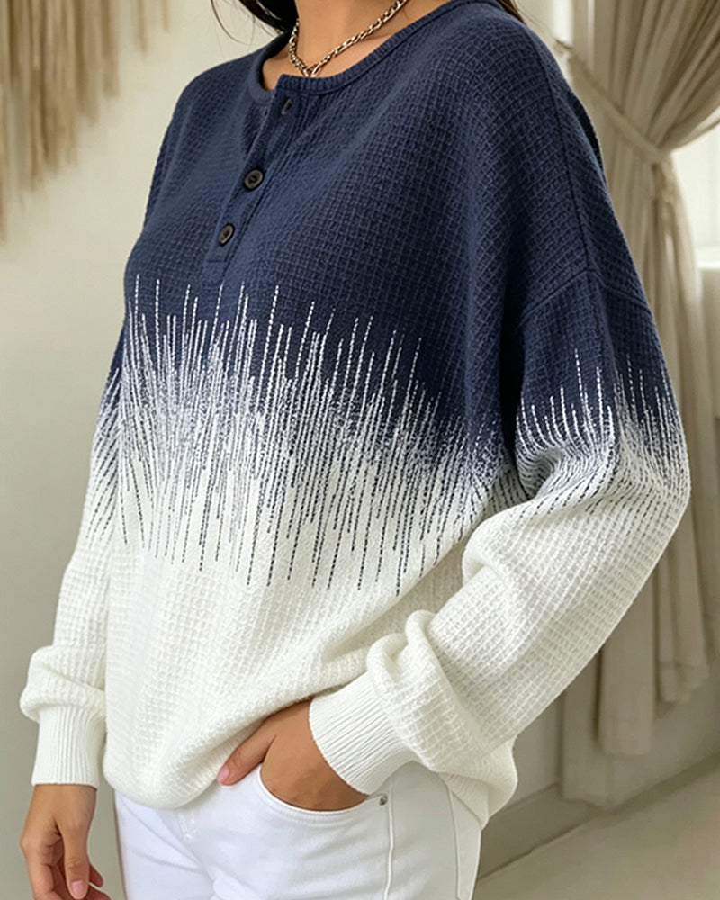 Sweatshirt Rundhalsausschnitt Knopf Waffelstrick Farbblock