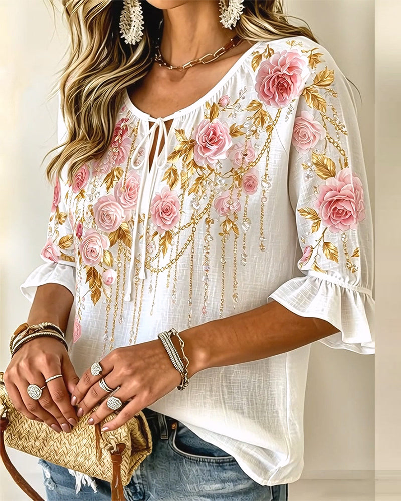 Bluse Rosenprint Lässig Bindung