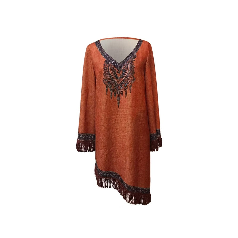 Embroidered Bohemian Mini Dress with Fringe for Women - Patrizia