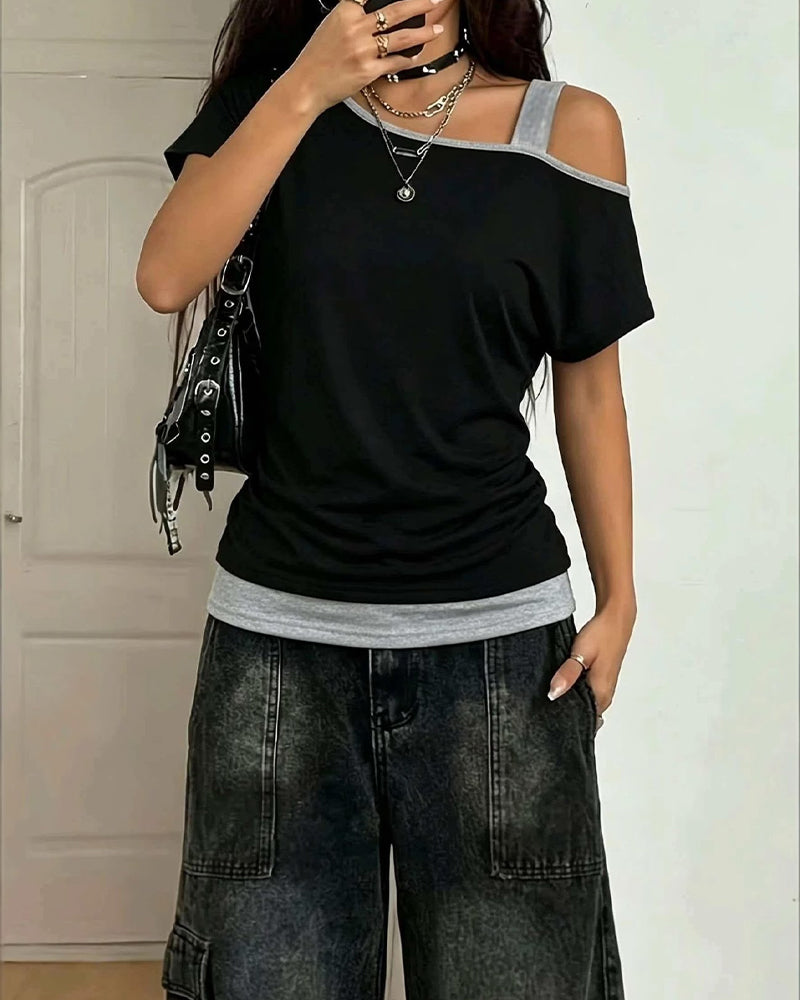 T-Shirt Ein-Schulter Farbblock Lässig