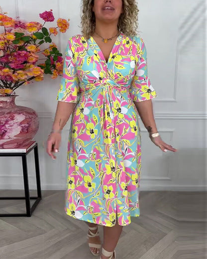 Kleid Farbblock Blumig Drehung Urlaub
