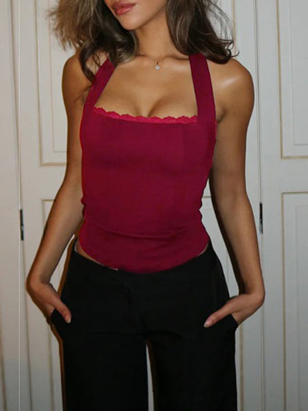 Einfarbige Y2k Slim Fit Spitzen Halterweste