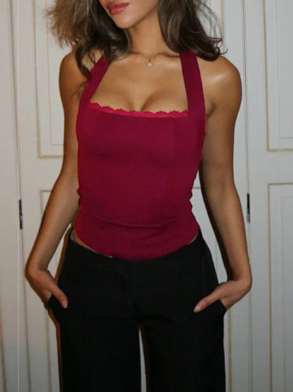 Einfarbige Y2k Slim Fit Spitzen Halterweste