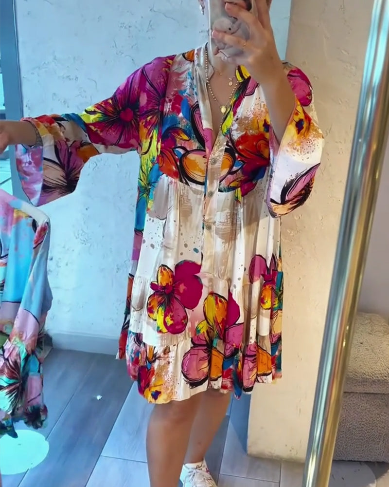 Kleid Bunt Groß Blumig Druck Kurz