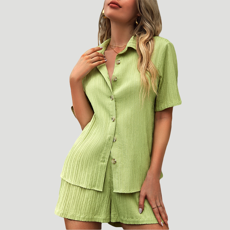 Green Elegant Set with Shirt Blouse and Shorts - Clara