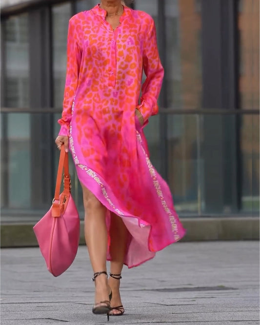 Kleid Langarm Leopardenmuster Schlitz