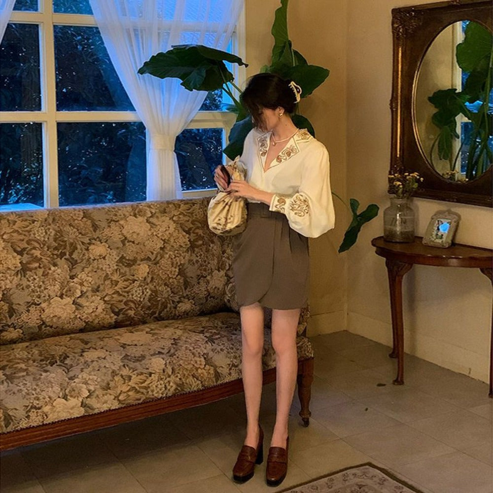 Apricot Embroidered Long Sleeve Blouse with Floral Design for Women - Mary