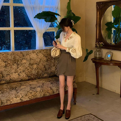 Apricot Embroidered Long Sleeve Blouse with Floral Design for Women - Mary