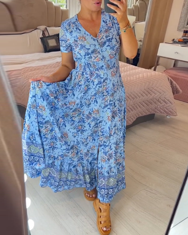 🌷🌷Kleid mit Blumendruck und V-Ausschnitt
