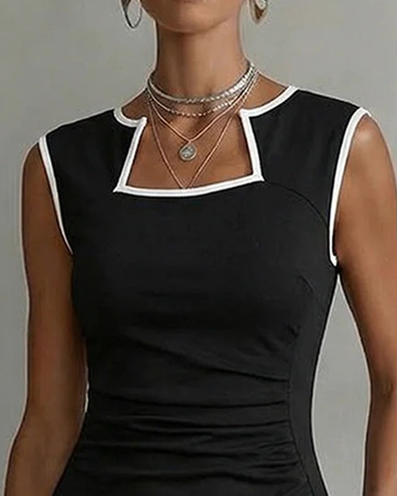 Kleid Farbblock Quadratischer Ausschnitt Taille Binden Bodycon