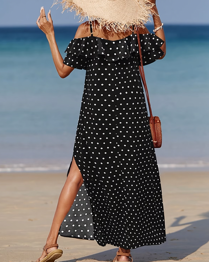 Langes Kleid Dünner Träger Cold Shoulder Tupfen