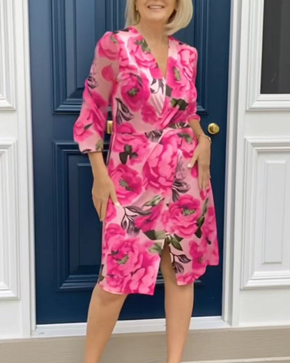 Kleid V-Ausschnitt Blumenprint Langärmlig