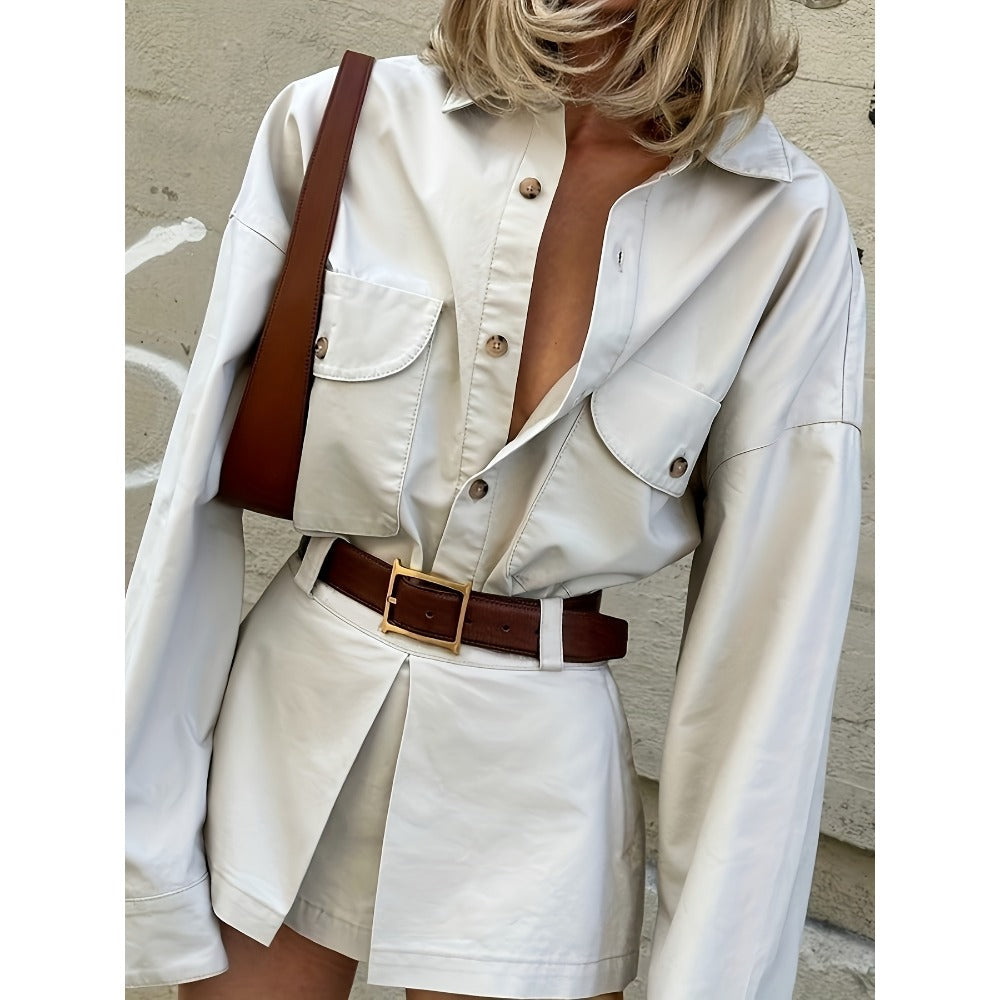 White Long Sleeve Button-Up Shirt Dress with Belt for Women - Flavia