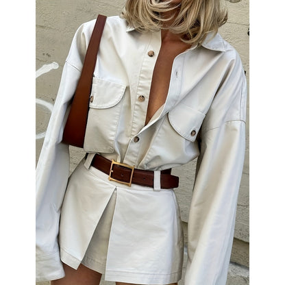 White Long Sleeve Button-Up Shirt Dress with Belt for Women - Flavia