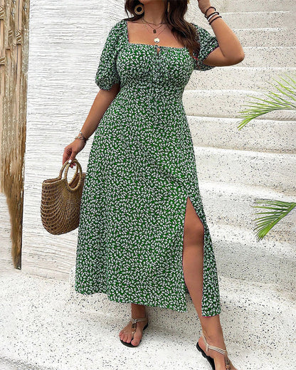 Kleid Kurzarm Schlitz Blumendruck