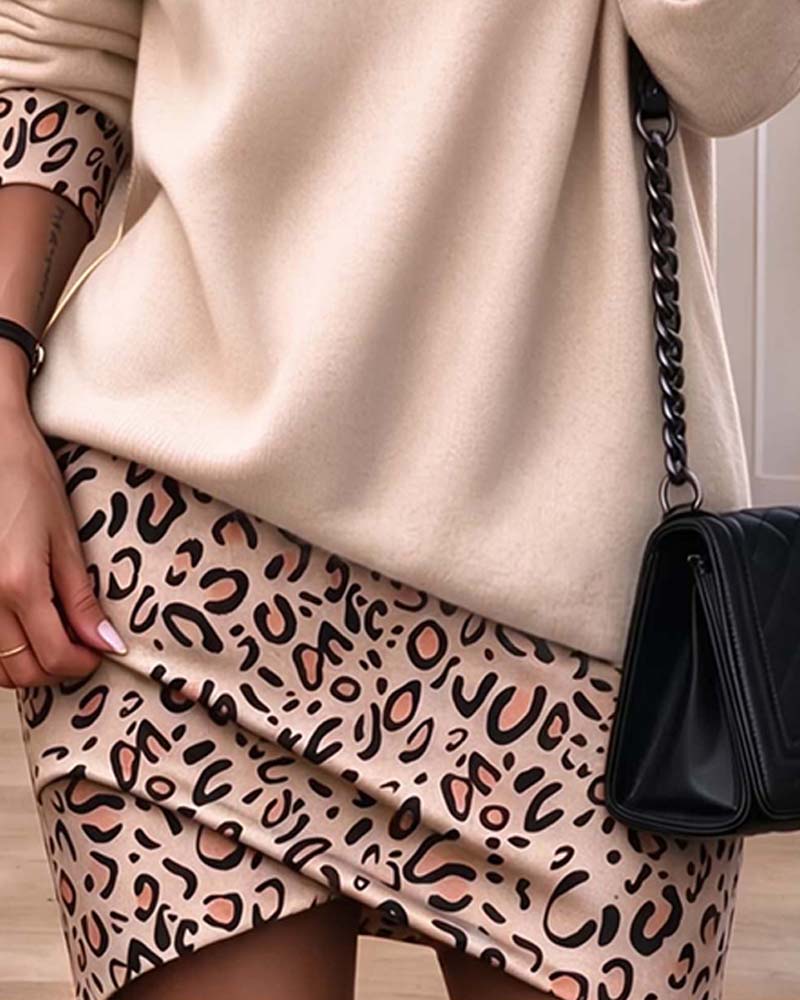 Kleid Hoher Kragen Leopardenmuster Slim