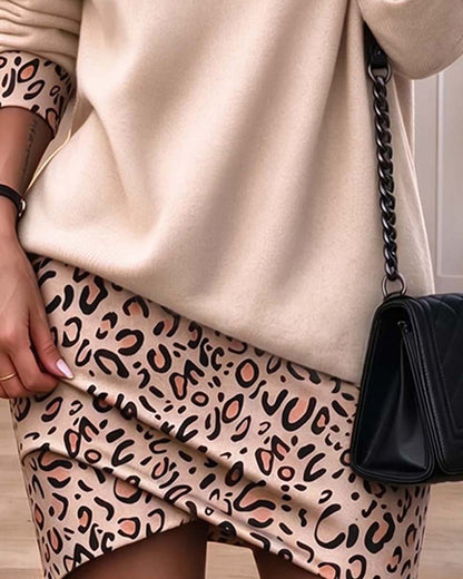 Kleid Hoher Kragen Leopardenmuster Slim