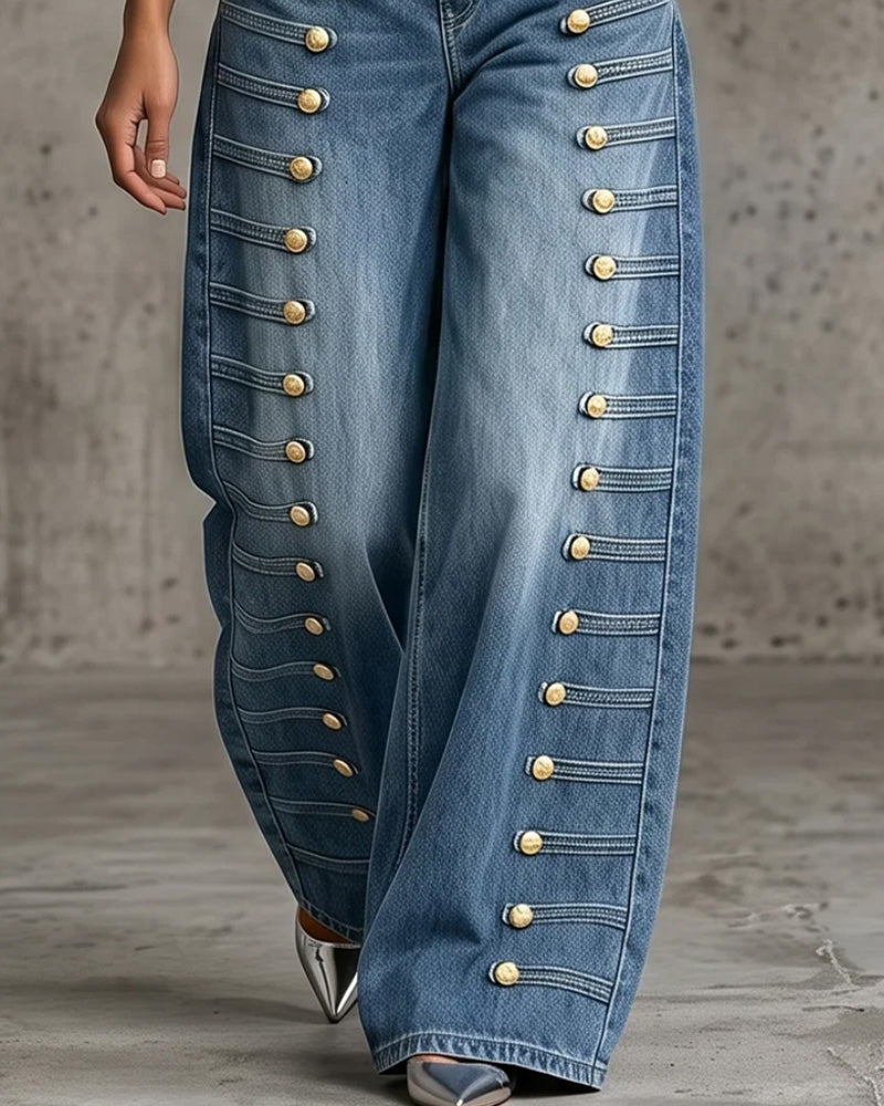 Hose Knopf Tasche Weitgeschnitten Denim Lang
